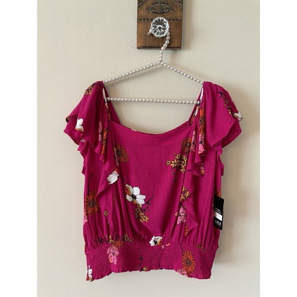 NWT ana A New Approach Womens Size XL Pink Floral Top Ruffle Short Sleeve